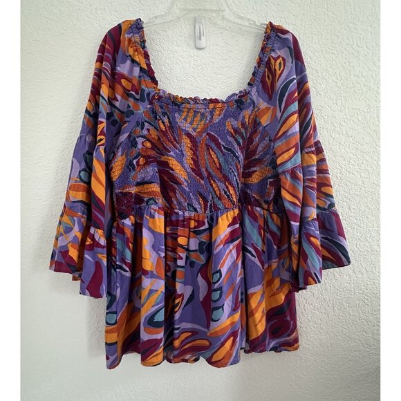 Terra & Sky Smocked Top Women's Size 1X Purple Bell S/Sleeve Artzy Abstract Boho - Picture 3 of 11